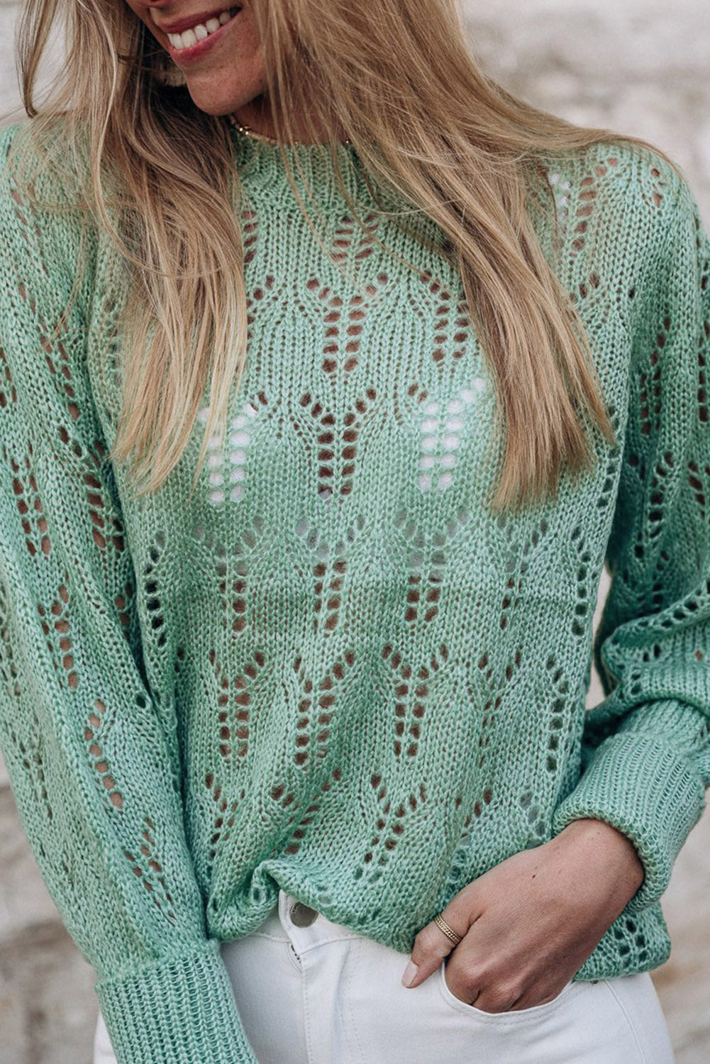 Sheer Knitted Pointelle Sweater | Green