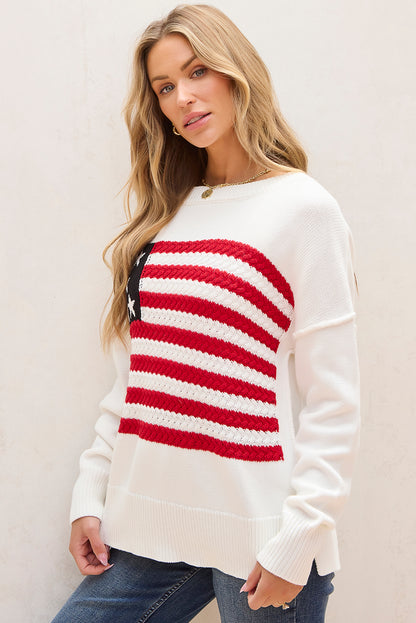 American Flag Cable Knit Drop Shoulder Sweater | White