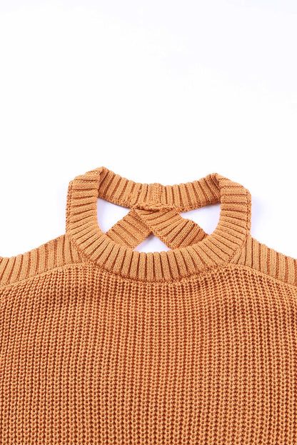 Crew Neck Cold Shoulder Hollow-Out Back Sweater | Brown