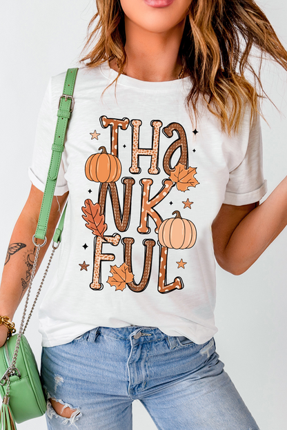 Thankful Pumpkin Leaves Graphic Crewneck Thanksgiving T Shirt | White