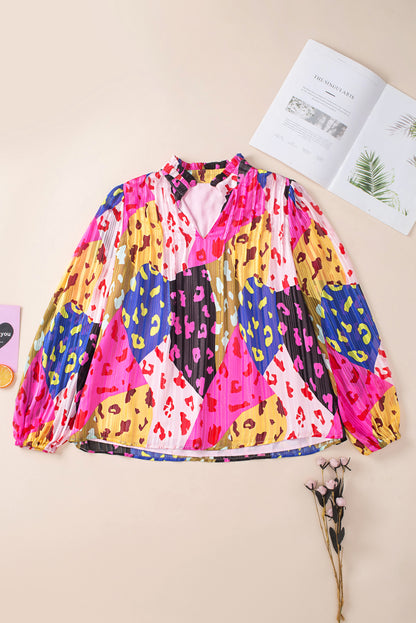 Leopard Patchwork Print Pleated Blouse | Rose