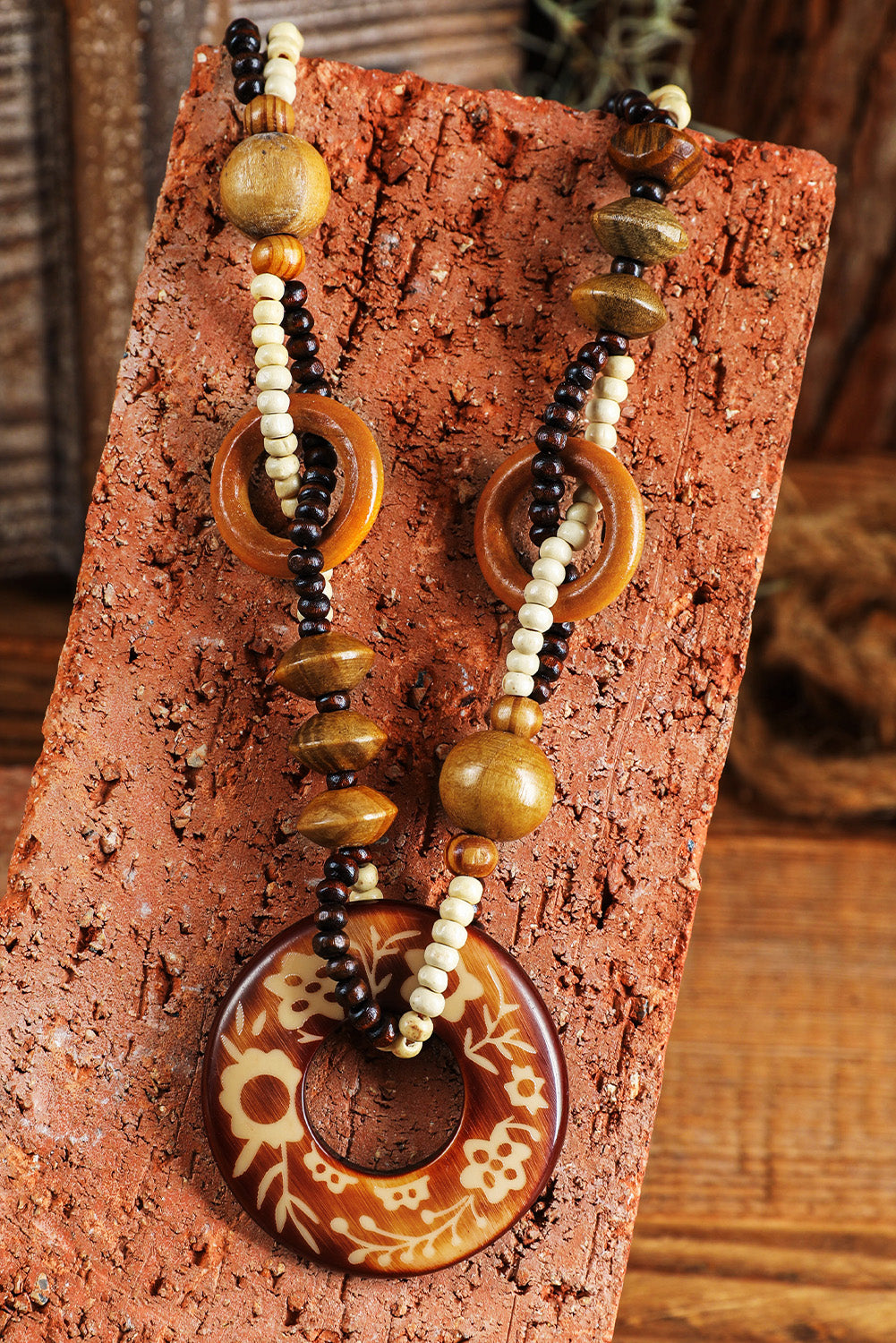 Vintage Beaded Wooden Pendant Necklace | Brown