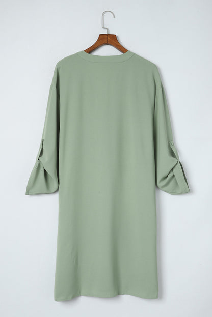 Roll-Tab Sleeve Flowy Casual Dress | Green