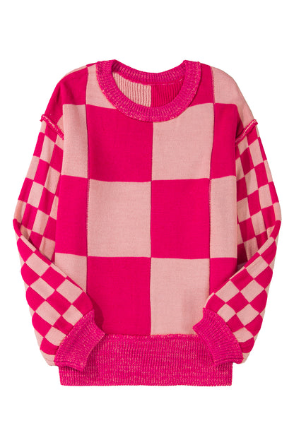 Mixed Checkered Pattern Drop Shoulder Loose Sweater | Rose Red