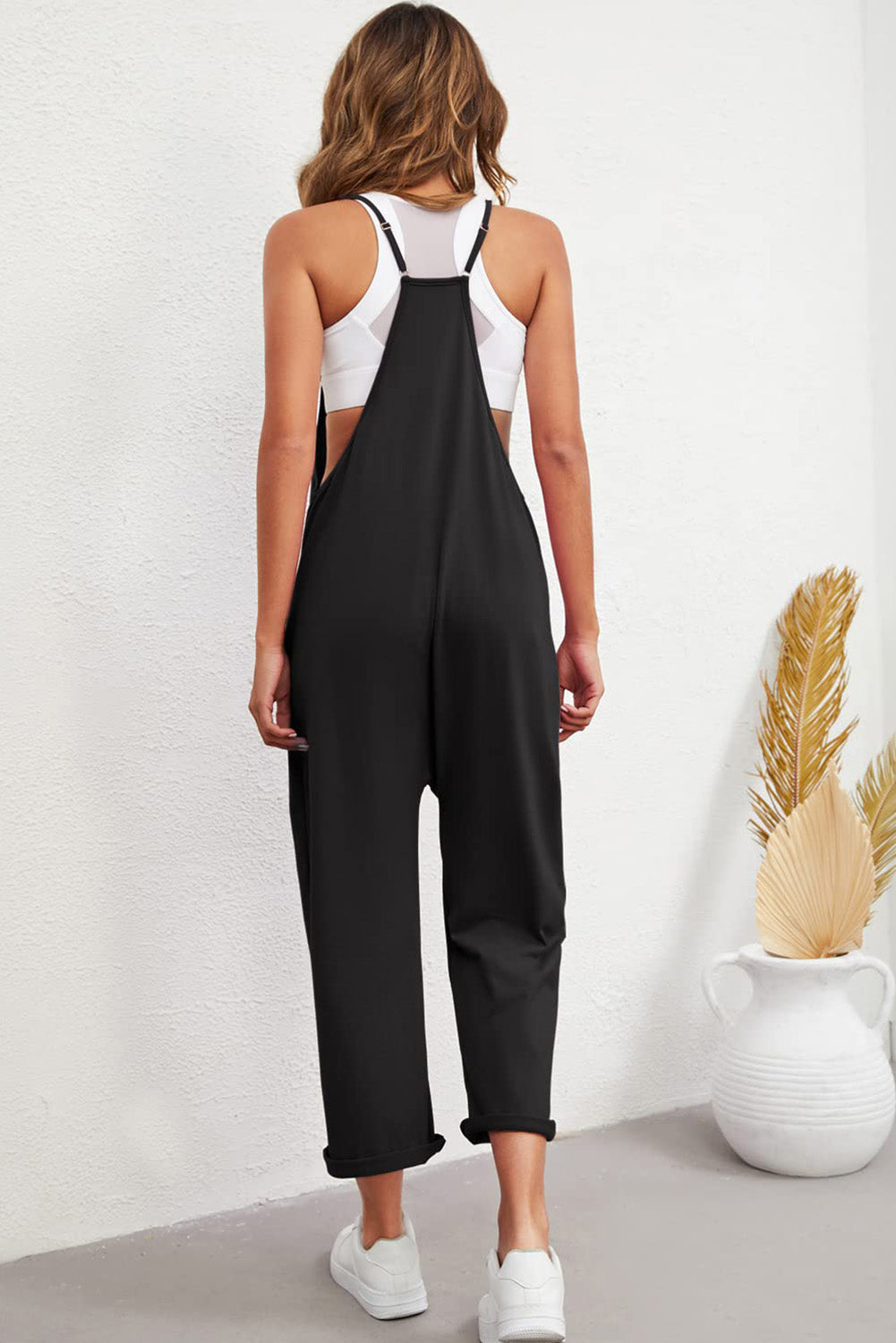 Pocketed Adjustable Spaghetti Strap Straight Leg Jumpsuit | Black