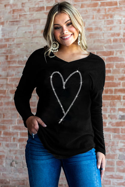 Rhinestone Heart Shaped V Neck Long Sleeve Top | Black