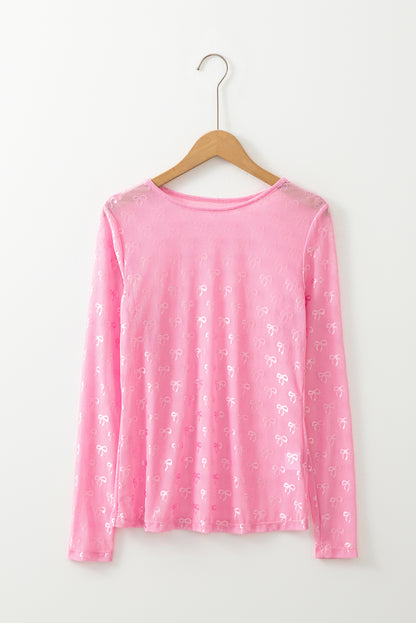 Mesh Bow Pattern Long Sleeve Top | Pink