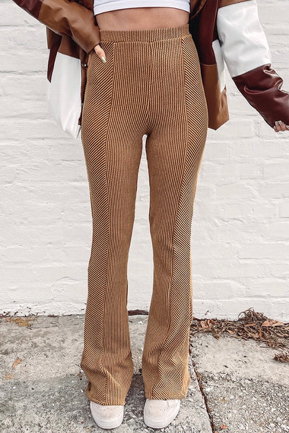 Ribbed Knit High Rise Flare Leggings | Brown