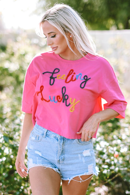 Feeling Lucky Embroidered Letter Graphic Half Sleeve Top | Bonbon