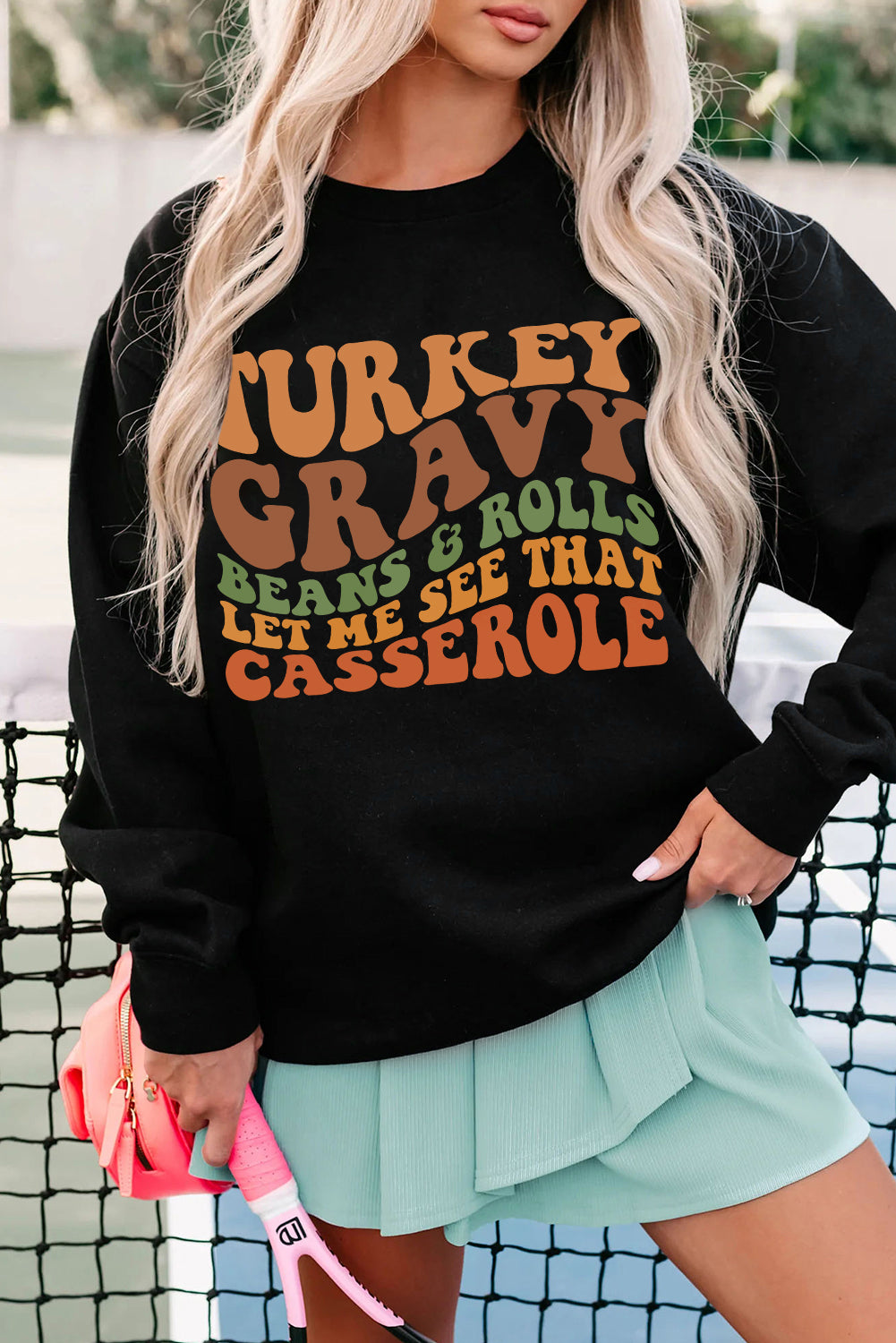 Thanksgiving Slogan Print Drop Shoulder Sweatshirt | Black