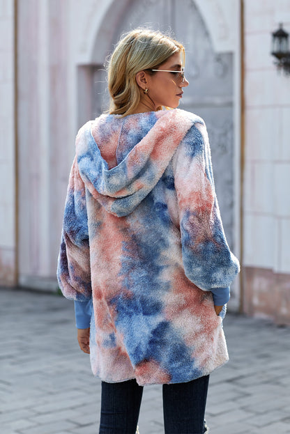 Tie Dye Soft Fleece Hooded Open Front Coat | Orange