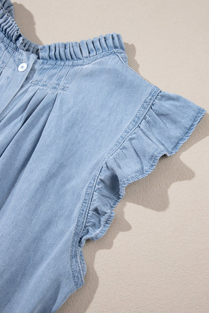 Frilly Pleated Button Back Retro Chambray Top | Beau Blue