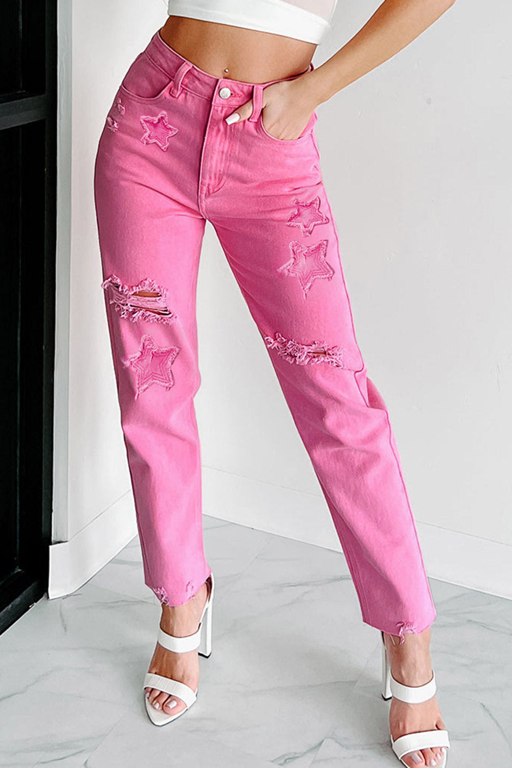 Star Shape Patchwork Mid Waist Straight Leg Jeans | Pink