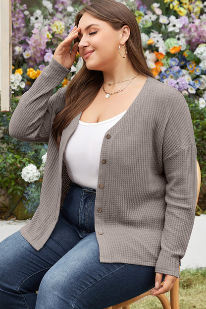 Waffle Knit Drop Shoulder Button V Neck Plus Size Top | Simply Taupe