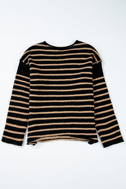 Drop Shoulder Round Neck Loose Sweater | Black Stripe