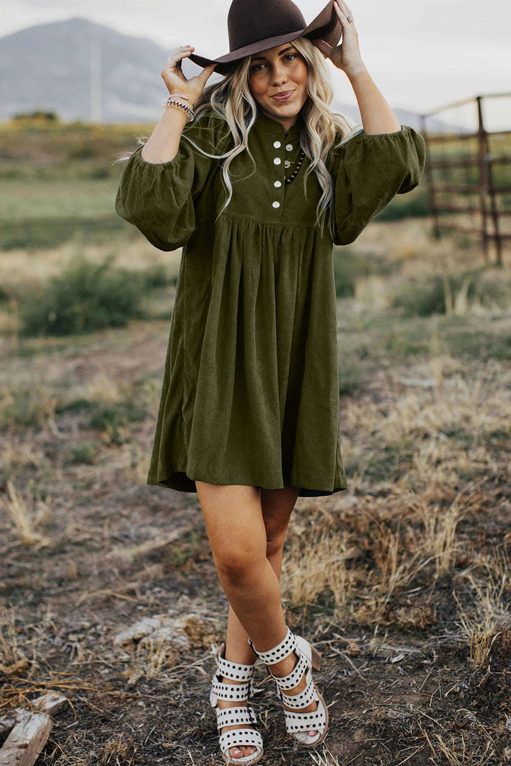 Corduroy Snap Buttons Empire Waist Bracelet Sleeve Dress | Vineyard Green