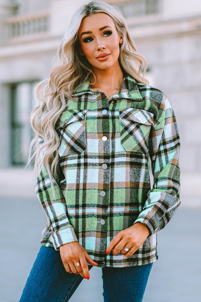 Geometric Plaid Print Pocketed Shacket | Green