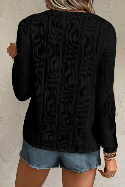 Textured Wavy Round Neck Long Sleeve Top | Black