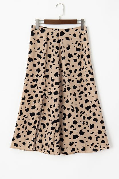 Leopard Spots Printed Split Hem Midi Skirt | Khaki