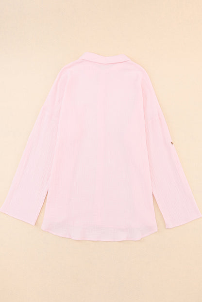 Crinkle Texture Roll-Tab Sleeve Shirt | Pink