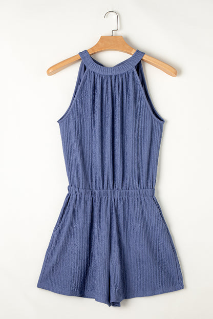 Knot Back High Neck Crinkle Textured Romper | Bluing