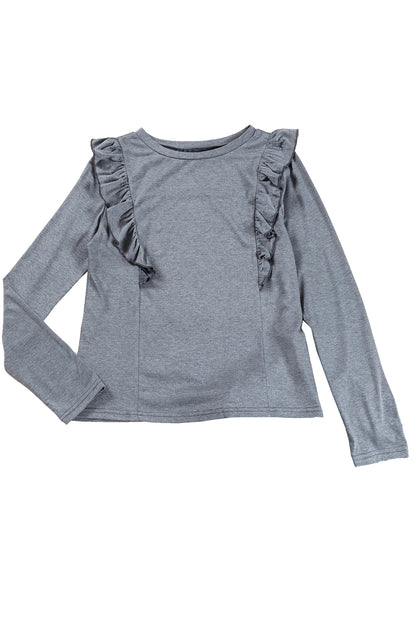 Solid Colour Ruffled Crew Neck Long Sleeve Top | Dark Grey