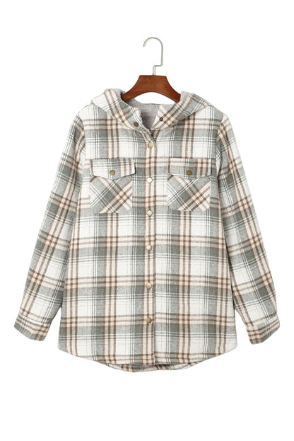 Plaid Pattern Sherpa Lined Hooded Shacket | Gray