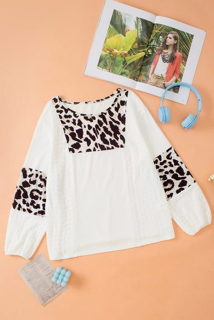 Leopard Patch Puff Sleeve Textured Blouse | White