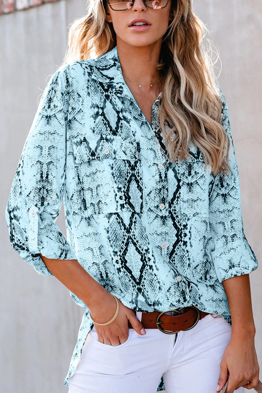 Blue Wild Snake Print Shirt with Pockets