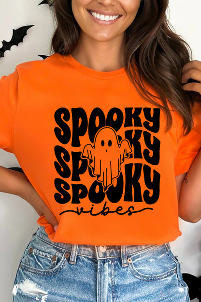 Spooky Vibe Ghost Print Crewneck Halloween T Shirt | Orange