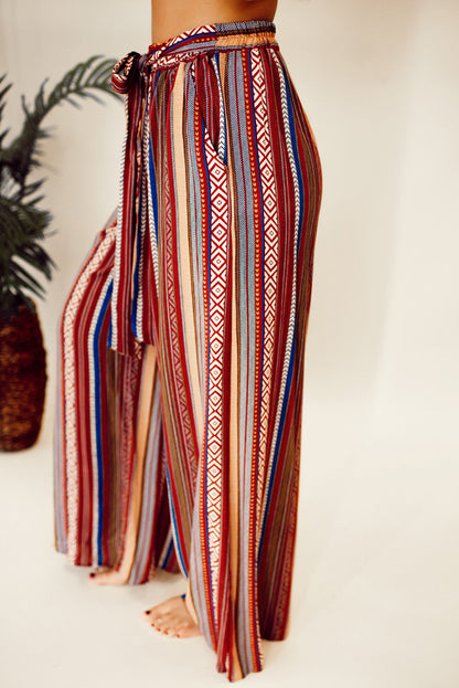 Boho Ethnic Striped Print Tie Waist Wide Leg Pants | Red