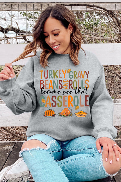 Thanksgiving Slogan Pumpkin Turkey Pie Graphic Sweatshirt | Gray