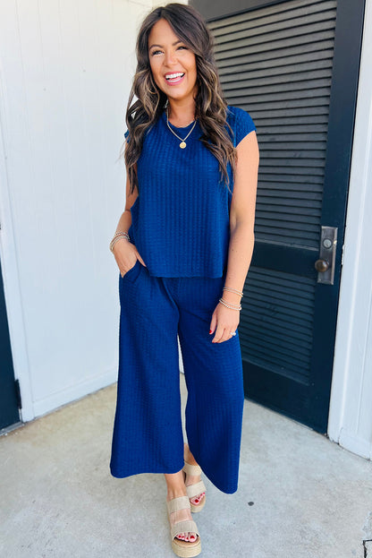 Textured Knit Cap Sleeve T Shirt And Wide Leg Pants Set | Sky Blue