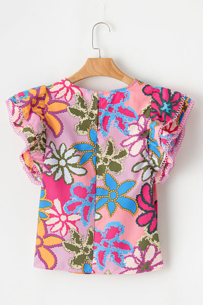 Vibrant Floral Print Trimmed Ruffle Sleeve Blouse | Multicolour