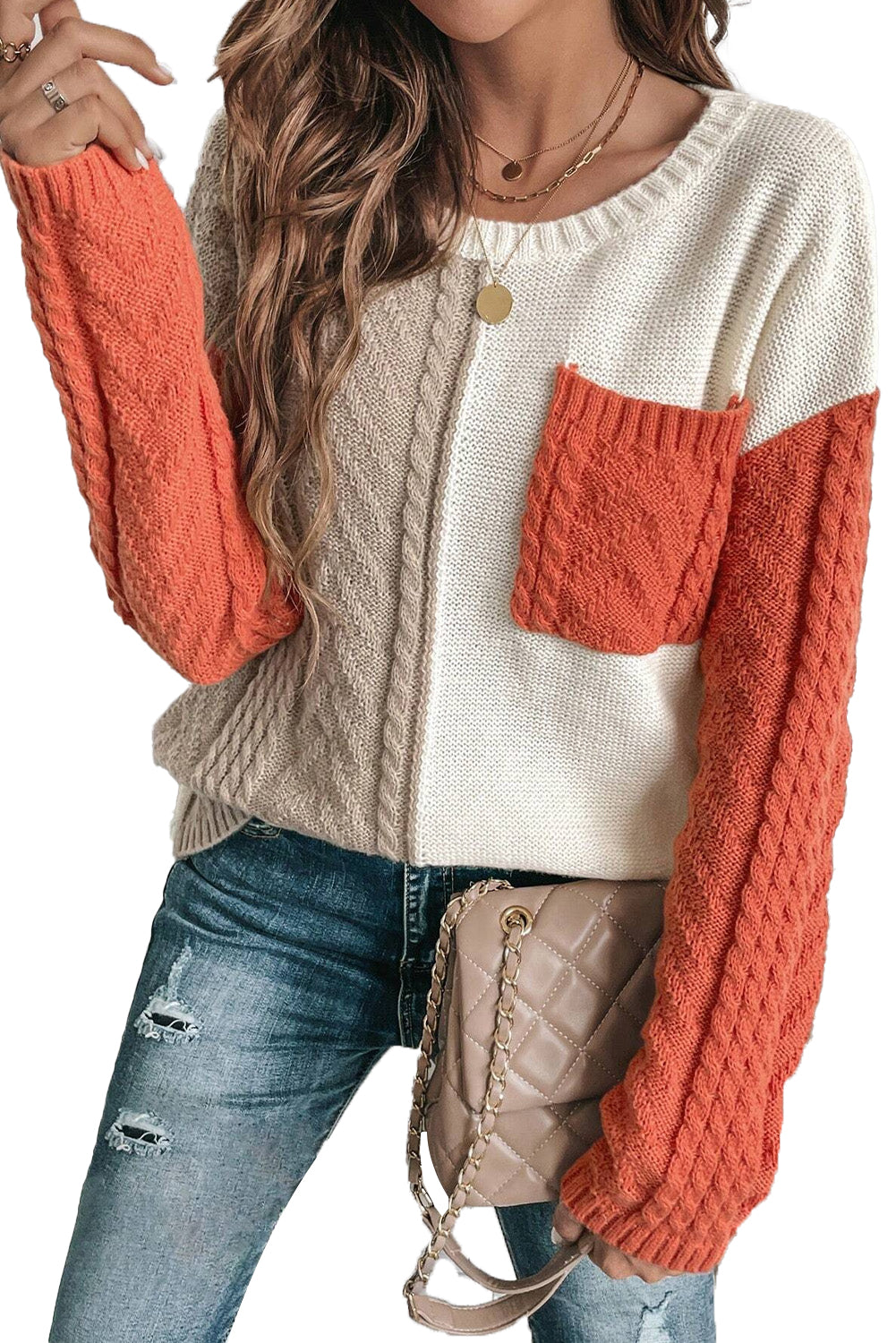 Colourblock Patched Pocket Drop Shoulder Sweater | Gold Flame