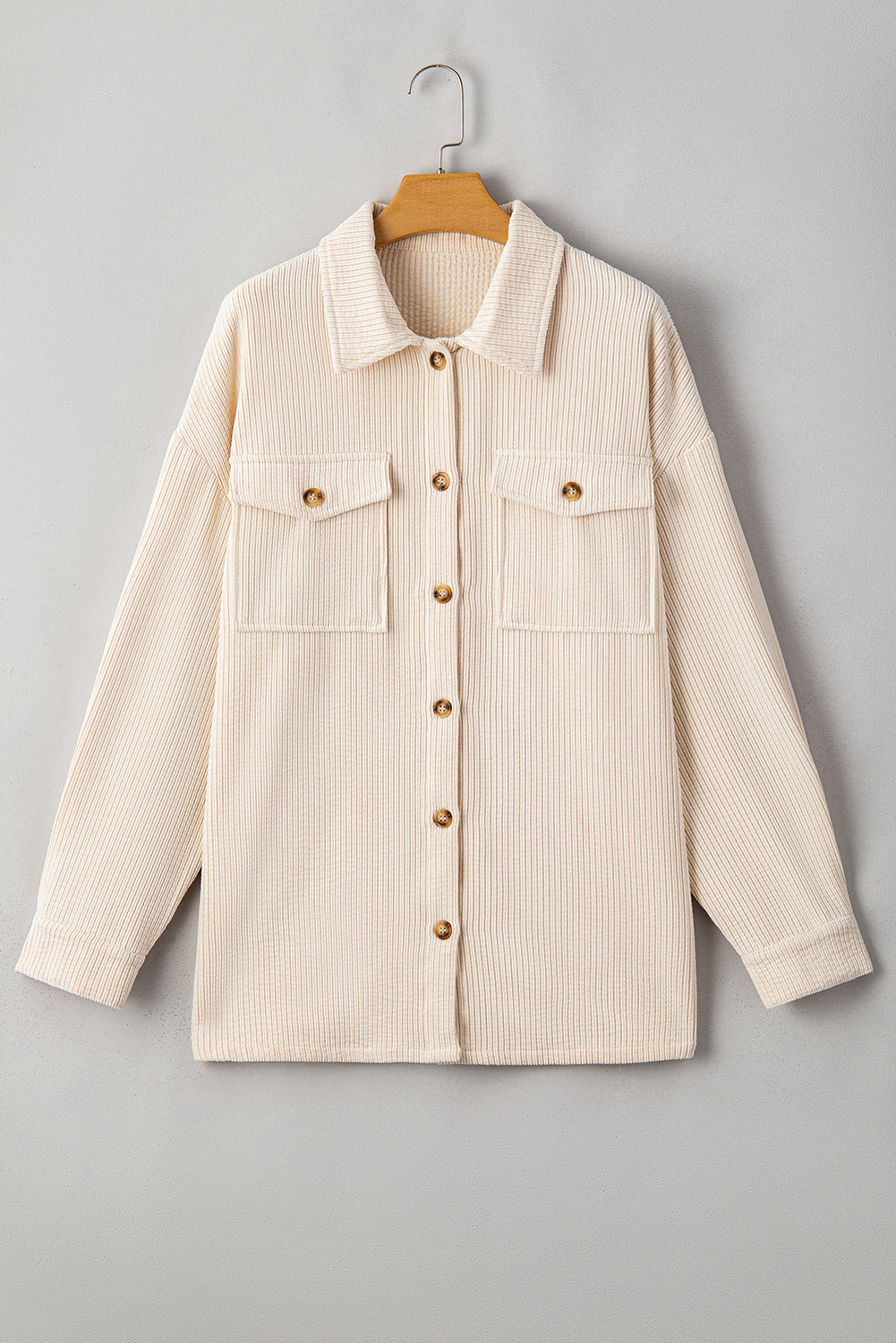 Textured Flap Pockets Buttoned Plus Size Shacket | Oatmeal