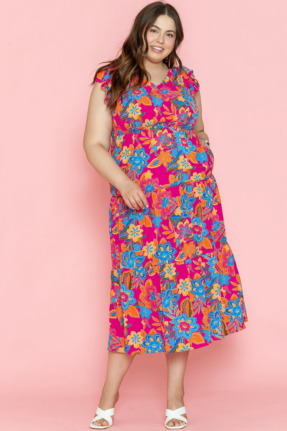 Floral Print Ruffled Sleeveless Plus Size Long Dress | Red