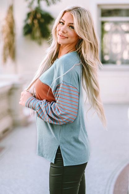 Colourblock Striped Bishop Sleeve Top | Green