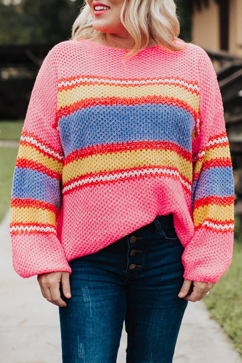 Plus Size Stripe Oversized Sweater | Pink