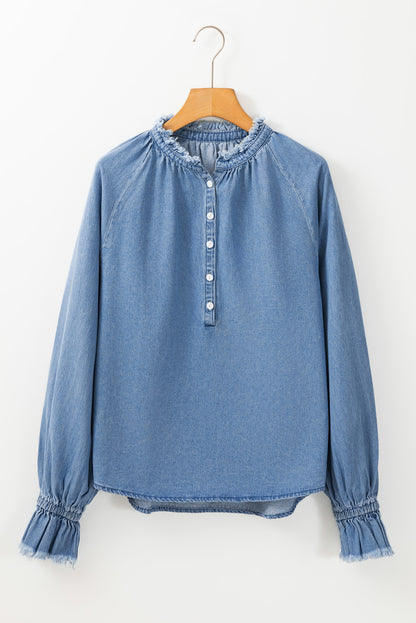 Frilled Raw Hem Half Buttoned Denim Top | Sky Blue