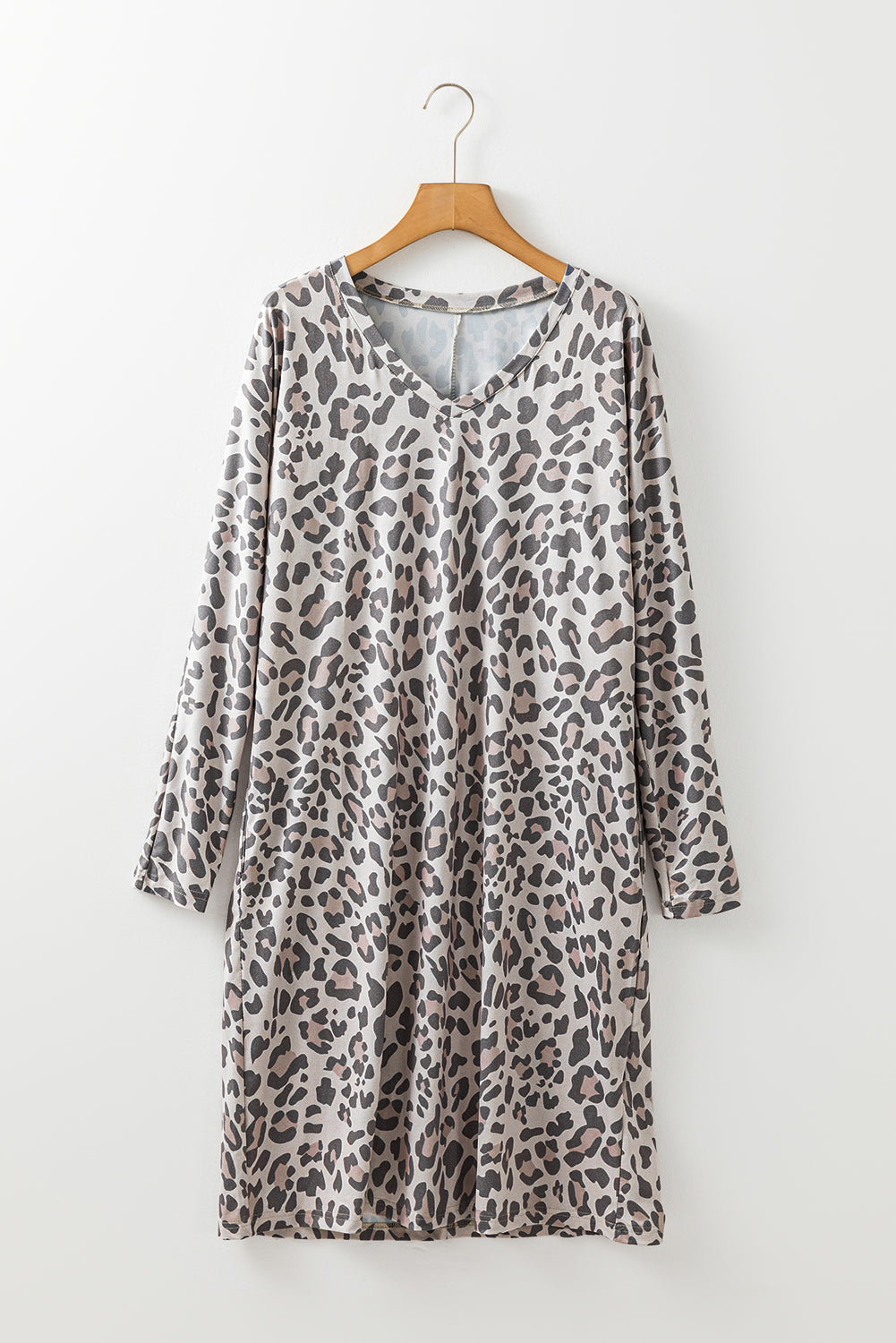 Leopard Print V Neck Loose Fit Mini Dress | Gray