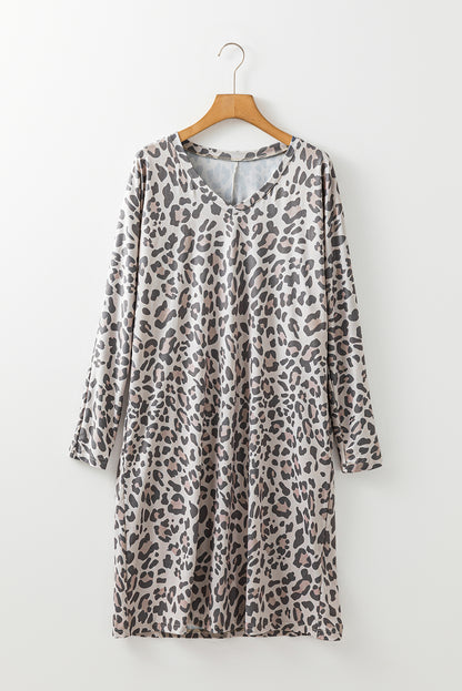 Leopard Print V Neck Loose Fit Mini Dress | Gray