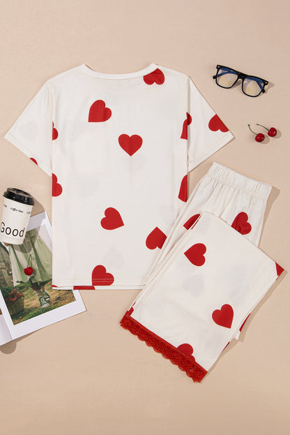 Valentines Heart Print Lace Hem Tee Pants Pajama Set | White