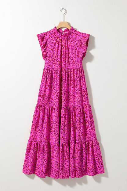 Leopard Print Ruffled Trim Tiered Maxi Dress | Rose Red