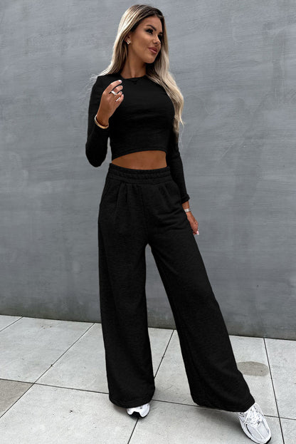 Crop Top And Wide Leg Pants Two Piece Set | Black