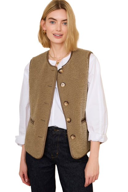 Leather Contrast Side Pockets Buttoned Fleece Vest | Camel