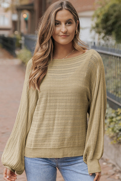 Lantern Sleeve Eyelets Textured Knit Sweater | Apricot