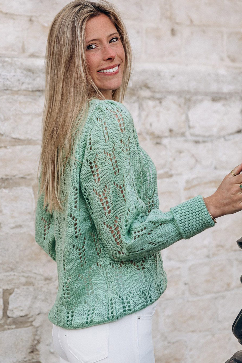 Sheer Knitted Pointelle Sweater | Green