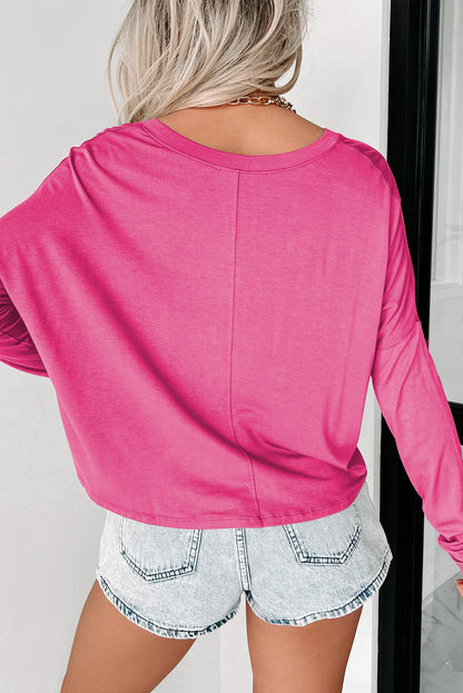 Loose V Neck Dropped Long Sleeve Top | Rose Red