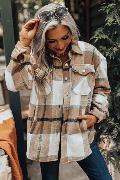 Button-Up Pocket Long Sleeve Plaid Shacket | Khaki